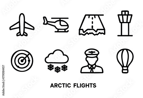 Icons represent various aspects of arctic flights, including airplanes, helicopters, airports, weather conditions, and pilots in cold environments, emphasizing aviation themes.