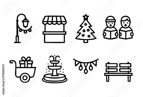 Christmas and holiday line art icons featuring a decorated street lamp, a market stall with gifts, a Christmas tree, carol singers, a gift cart, a tiered festive cake, string lights, and a park bench,