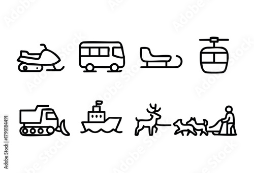Various transportation icons, including a snowmobile, bus, sled, cable car, snowplow, boat, reindeer sled, and dogsled, depicted in a simple outline style.