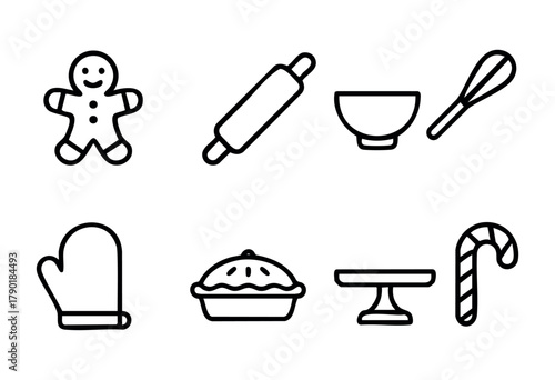 A collection of baking and holiday-themed outline icons, including a gingerbread man, rolling pin, mixing bowl, whisk, oven mitt, pie, cake stand, and candy cane.