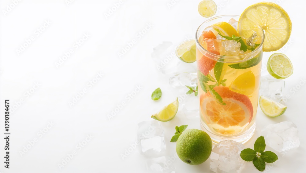 Fototapeta premium Summer tea featuring lemon, lime, mint, and ice, refreshing beverage choice