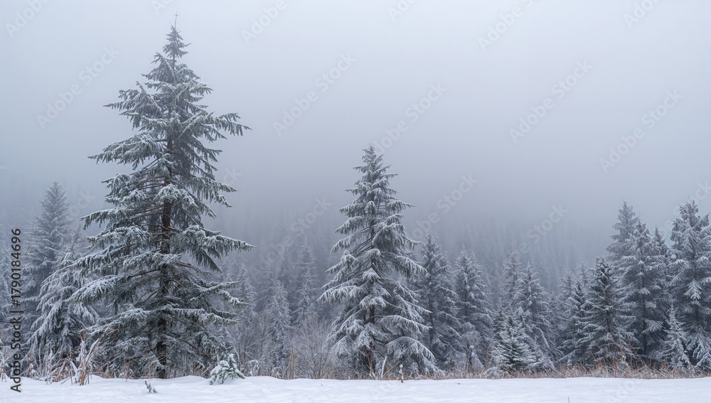 Naklejka premium A tranquil winter scene featuring snow-covered fir trees in a foggy atmosphere, showcasing seasonal change
