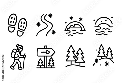 Illustrations showcase various aspects of nature and outdoor activities, including hiking trails, footprints, scenic views, and winter landscapes, perfect for nature lovers.