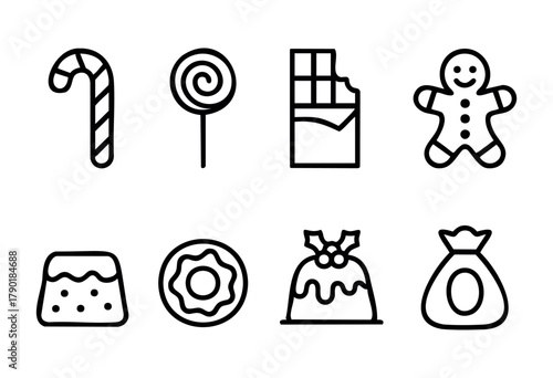 A collection of sweet treats and holiday desserts icons, featuring a candy cane, lollipop, bitten chocolate bar, gingerbread man, chocolate truffle, donut, Christmas pudding, and a bag of candies in a