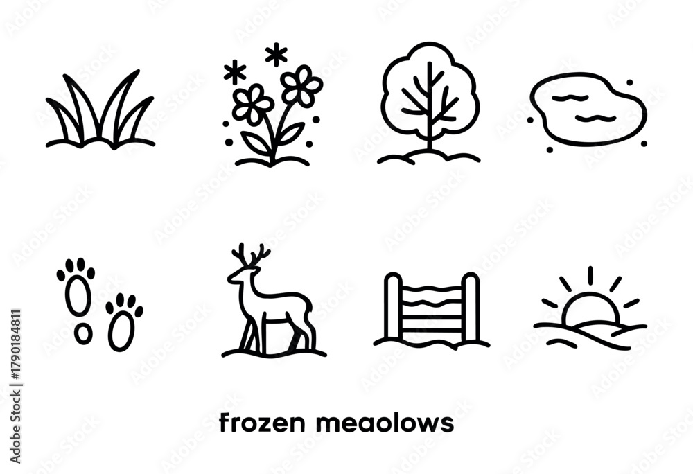 Fototapeta premium Collection of simple line art icons representing a frozen meadow landscape, featuring elements such as grass, winter flowers, a tree, a pond, deer paw prints, a deer, a log fence, and a sunrise, all i