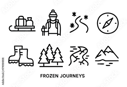 Outdoor enthusiasts prepare for winter explorations with sleds, hiking gear, and compasses, surrounded by snow-covered trees and mountain views.