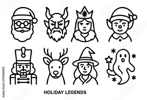 A collection of eight diverse holiday and legendary character icons, including Santa Claus, a devil, a queen, an elf, a nutcracker, a reindeer, a witch, and a ghost, presented in a minimalist bold out