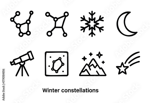 Winter constellations are represented with clear symbols, showcasing familiar winter imagery like snowflakes, a telescope, and mountains under the night sky, inviting exploration of the cosmos.