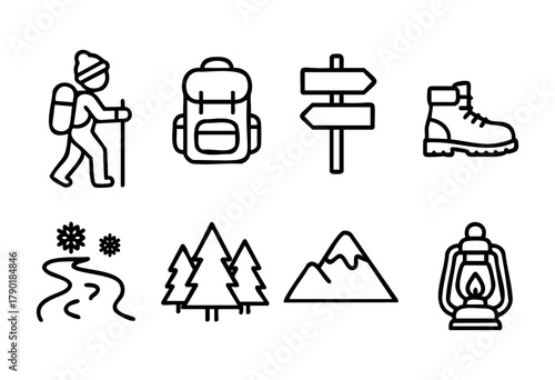 A collection of minimalist outline icons depicting elements of outdoor adventures, including a hiker, backpack, directional sign, hiking boot, winter path, pine trees, mountains, and a camping lantern