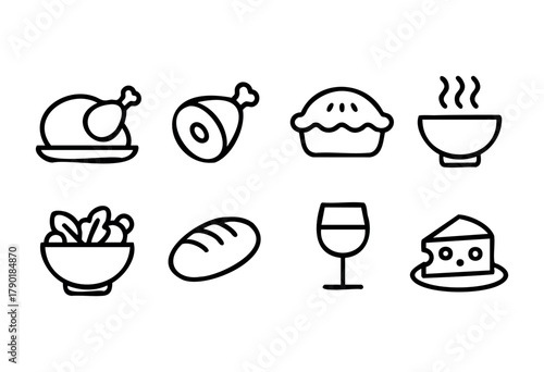 A collection of minimalist outline food and drink icons, featuring roasted chicken, ham, a pie, hot soup, fresh salad, a loaf of bread, a wine glass, and a slice of cheese.