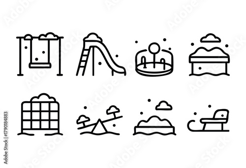 A collection of eight minimalist black-and-white line icons depicting various playground and outdoor children's activities, featuring a swing, slide, carousel, sandbox, climbing frame, seesaw, a snow 