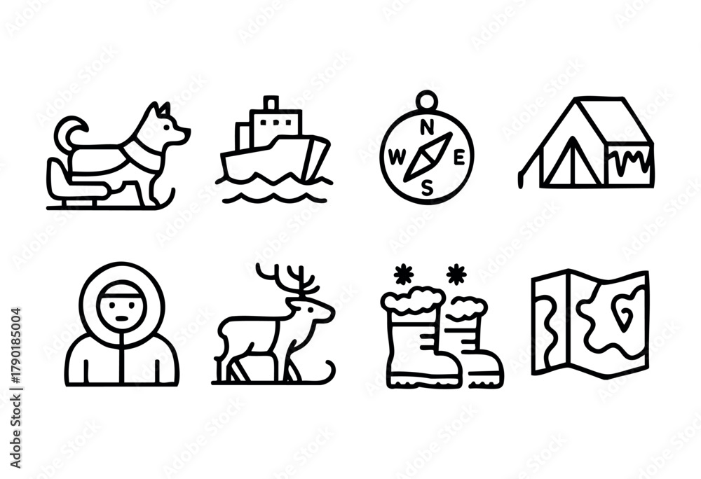 Naklejka premium A set of outline icons depicting various elements of arctic exploration and winter adventures, including a husky on a sled, a ship, a compass, a camping tent, a person in winter clothing, a reindeer, 