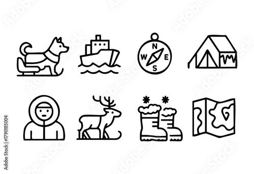 A set of outline icons depicting various elements of arctic exploration and winter adventures, including a husky on a sled, a ship, a compass, a camping tent, a person in winter clothing, a reindeer, 
