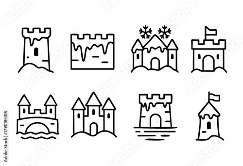 A collection of simple line drawings depicting various types of castles. The designs include towers, fortifications, and bridges, showcasing creativity in a minimalist style.