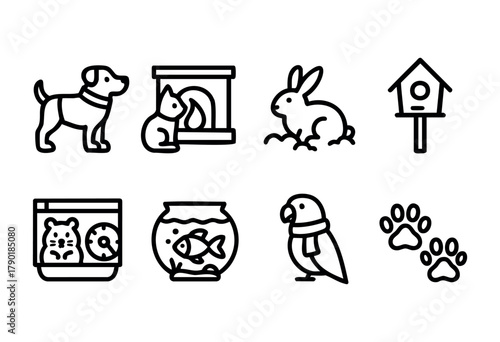 A collection of black outline icons representing various domestic pets and related items, including a dog, rabbit, hamster, fish in a bowl, parrot, birdhouse, fireplace, and paw prints.