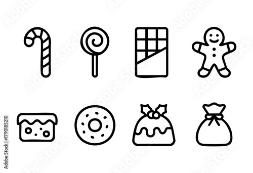 A collection of sweet and holiday food line icons, featuring a candy cane, lollipop, chocolate bar, gingerbread man, cake, donut, Christmas pudding, and treat bag, all in a minimal black outline style