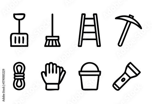 Set of tools includes a shovel, broom, ladder, pickaxe, rope, gloves, bucket, and flashlight, ideal for summer outdoor activities and maintenance work.