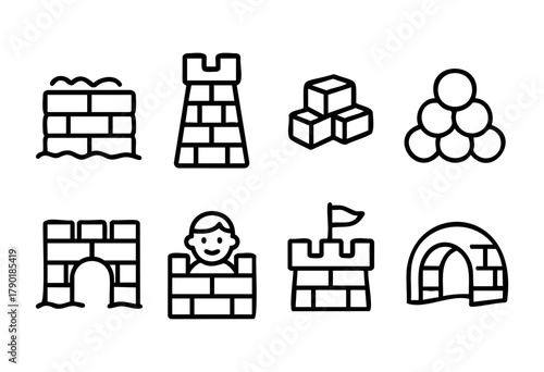 a collection of line icons depicting various building structures such as sandcastles, castle towers, walls, an igloo, and building blocks, in a simple outline style.