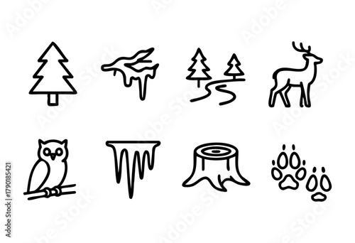 A collection of black and white line icons featuring winter forest and nature elements, including a pine tree, a snowy/icy branch, a forest path with two trees, a deer, an owl on a branch, hanging ici