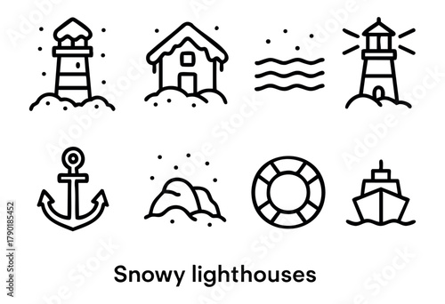 A collection of winter-themed icons featuring snowy lighthouses, an anchor, a life preserver, and a fishing boat, all showcasing the serene coastal life in cold weather.