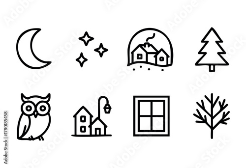 A serene nighttime scene showcases a crescent moon, twinkling stars, a snow globe with cozy houses, an owl, and trees. A window reveals a peaceful outdoor view.