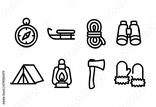 A collection of eight outline icons representing essential gear for outdoor adventures and winter activities, including a compass, sled, rope, binoculars, tent, camping lantern, axe, and mittens.