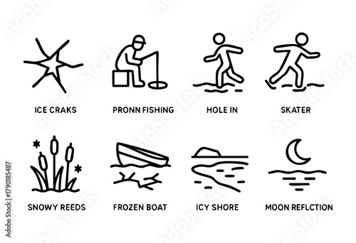A collection of black and white outline icons representing various winter and frozen water themes, including ice fishing, an ice skater, ice cracks, snowy reeds, a frozen boat, an icy shore, and a moo