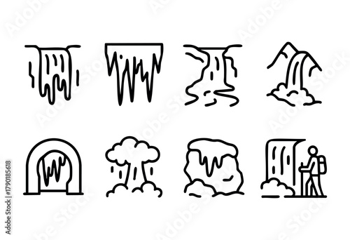 Collection of various waterfall icons, depicting different natural water features, landscapes, a melting ice cascade, a geyser, and a person observing a waterfal
