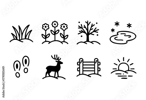 A collection of eight black line art icons representing various nature and outdoor elements including grass, blooming flowers, a bare winter tree with snowflakes, a frozen pond, animal hoof prints, a 