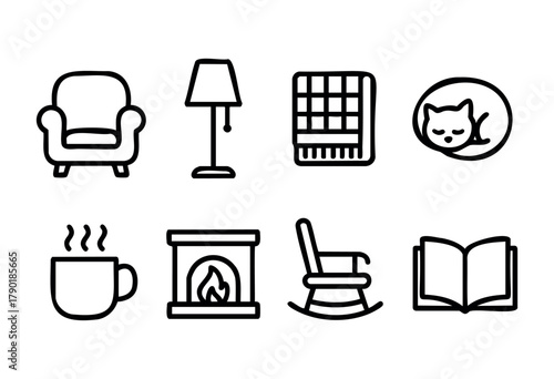 A collection of cozy home elements and relaxation icons, featuring an armchair, floor lamp, folded blanket, sleeping cat, steaming mug, fireplace, rocking chair, and an open book.