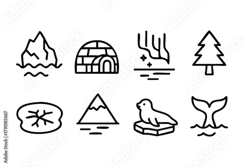 Arctic nature and wildlife icons: iceberg, igloo, northern lights, evergreen tree, snowflake, mountain, seal, and whale tail in a minimalist line art style.