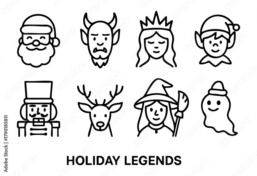 Fototapeta premium A collection of eight diverse holiday and legendary character icons, including Santa Claus, a devil, a queen, an elf, a nutcracker, a reindeer, a witch, and a ghost, presented in a minimalist bold out