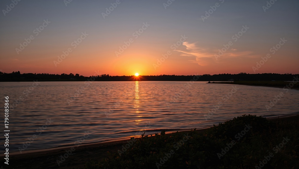 Obraz premium Sunset over the lake during evening hours, reflecting seasonal change