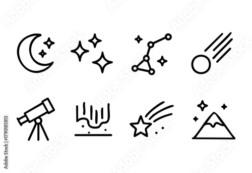 A set of black outline icons depicting various astronomical and night sky elements, including moon, stars, constellations, meteor, telescope, aurora borealis, a shooting star, and a mountain.