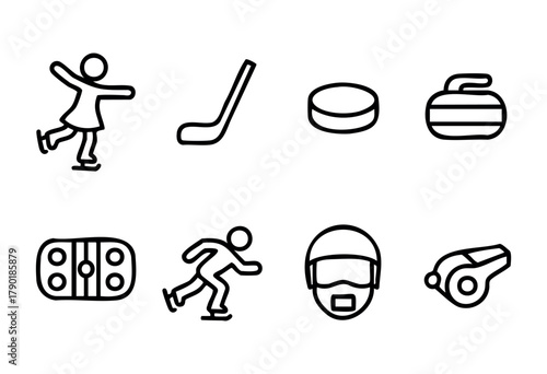 Winter sports icon set depicting various activities and equipment, including a figure skater, ice hockey stick, puck, helmet, curling stone, curling house, speed skater, and a whistle, rendered in a c