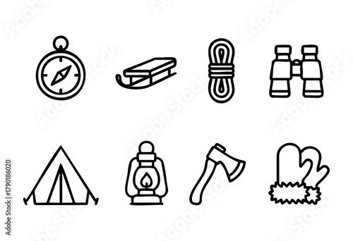 A collection of eight outline icons representing essential gear for outdoor adventures and winter activities, including a compass, sled, rope, binoculars, tent, camping lantern, axe, and mittens.