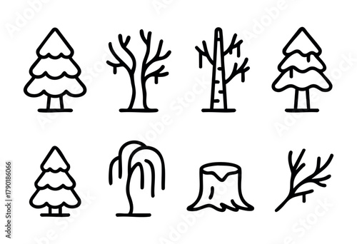 A diverse set of hand-drawn line art icons featuring various tree types including coniferous, deciduous, and a weeping willow, along with a tree stump and bare branch elements, presented in a simple b