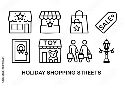 A collection of black and white line art icons depicting various aspects of shopping and retail, including a general store, market stall, shopping bags, a "SALE" tag, a decorated door, a toy store, sh