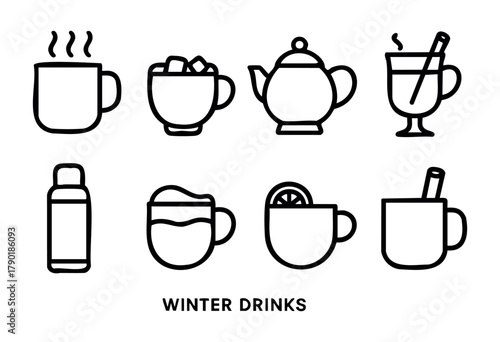 A set of eight outline icons depicting various winter drinks and related items, including steaming mugs, hot chocolate with marshmallows, a teapot, mulled beverages, and a thermos flask.