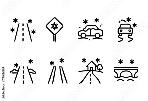 Various road signs, traffic symbols, and cars are displayed, representing different weather conditions and driving situations in a clear graphic format.