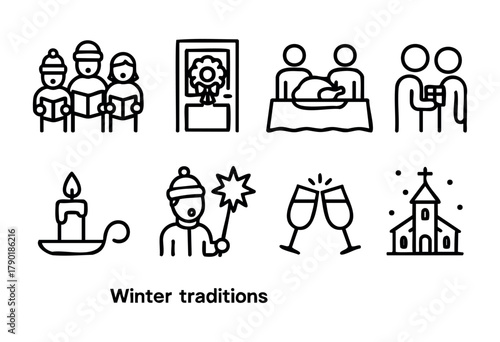 This collection highlights winter traditions, featuring caroling, family dinners, toasting with drinks, and festive gatherings at a church during the holiday season.