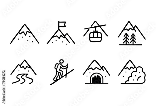 A collection of minimalist line art icons depicting various mountain and outdoor activities, including a snowy mountain, flag on a peak, cable car, trees, winding path, hiker, cave entrance, and an av