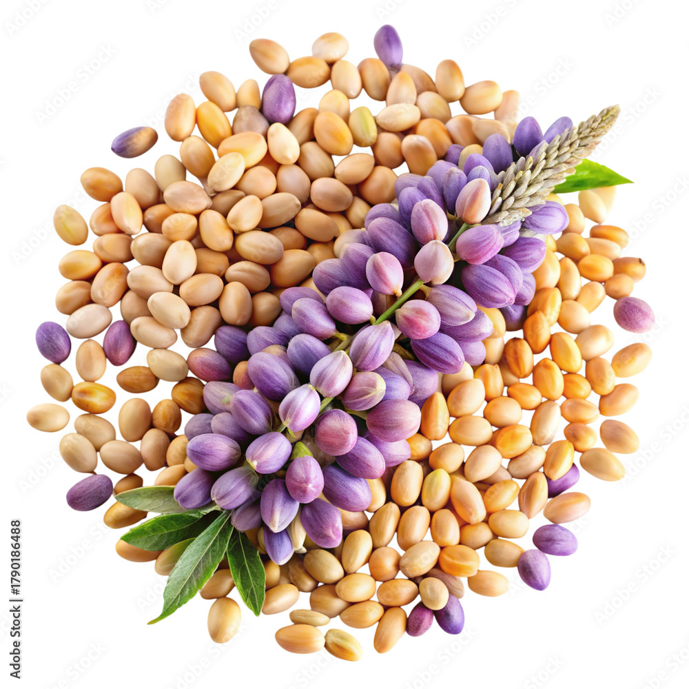Fototapeta premium A pile of dried grains and legumes topped with a vibrant purple lupine flower and green leaves isolated on transparent background