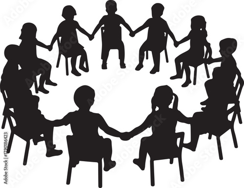 Children Sitting in Circle Holding Hands Silhouette