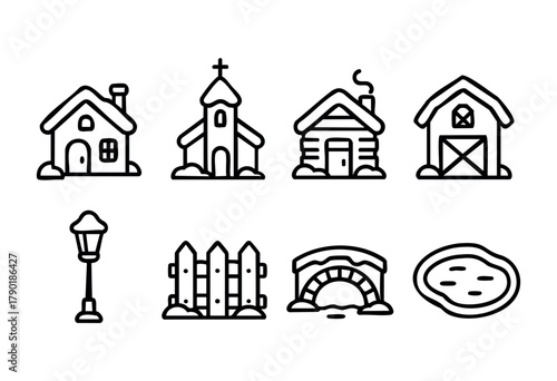 A collection of eight simple black outline icons featuring various countryside and village elements such as different houses, a church, a barn, a street lamp, a picket fence, an arch bridge, and a pon