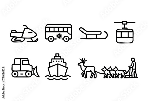 A collection of simple black outline icons illustrating various modes of winter and arctic transportation, featuring a snowmobile, a winter bus, a sled, a cable car, a snowplow, a cruise ship, a reind