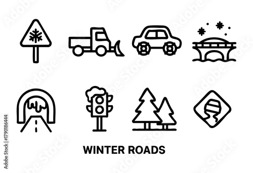 A collection of winter road themed icons including a snowflake warning sign, snowplow truck, car with specialized tires, snowy bridge, icy tunnel, snow-covered traffic light, pine trees, and a slipper