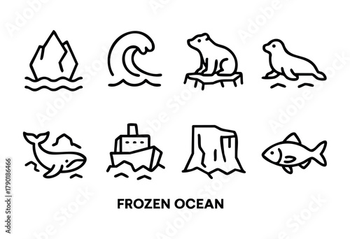 A collection of eight black and white line art icons depicting various elements associated with a frozen ocean, including an iceberg, wave, polar bear, seal, whale, ship, glacier, and fish.