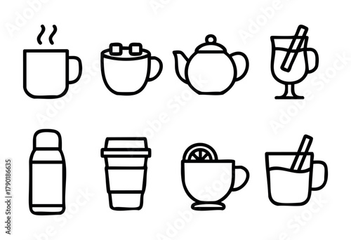 A collection of eight black outline icons featuring various beverage containers, including steaming mugs, a teapot, a thermos, a takeaway cup, and drinks with marshmallows or a lemon slice.