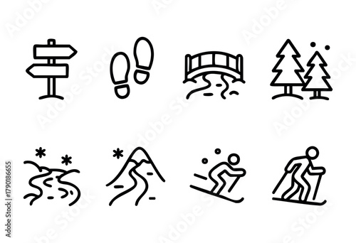 A collection of eight black line art icons representing various outdoor, travel, and winter activities including navigation, nature elements, and winter sports.